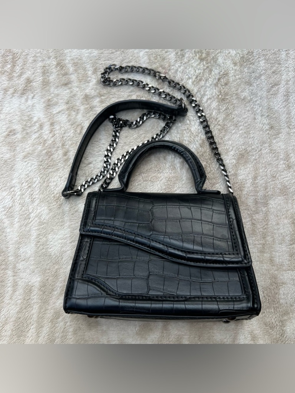 Zara Black Croc-Embossed Mini Top-Handle Crossbody Bag with Chain Strap